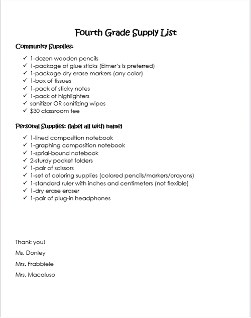 Fourth Grade Supply List
